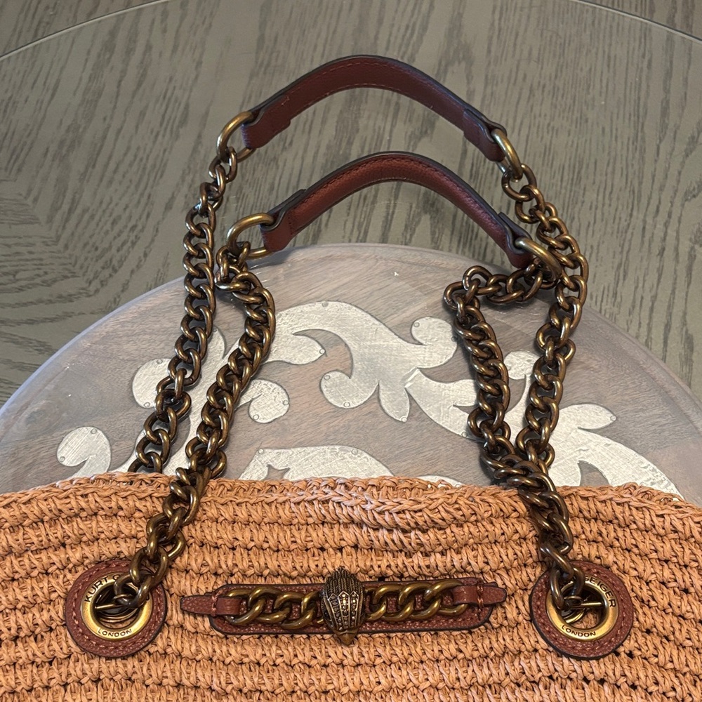 Kurt Geiger London-Woven Straw Tote Bag with Chain Handles - Tan